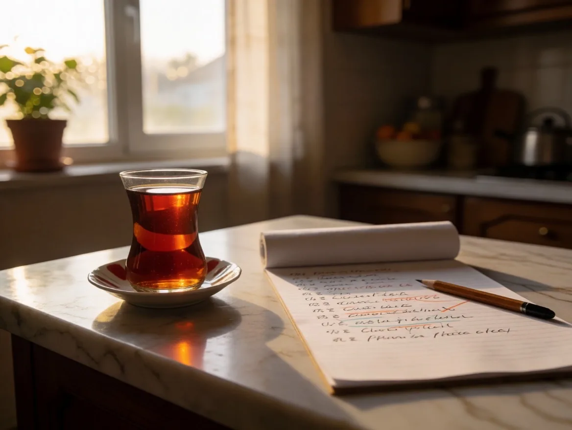 Gözden geçirilmiş bütçe listesi ve çay, mutfak tezgahı